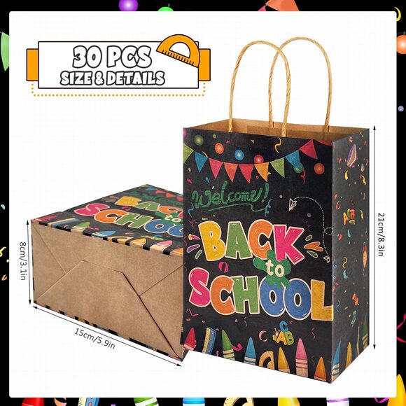 30 Back to School Gift Bags Kraft Paper Treat Bags with Handles Party Favors - Picture 4 of 7